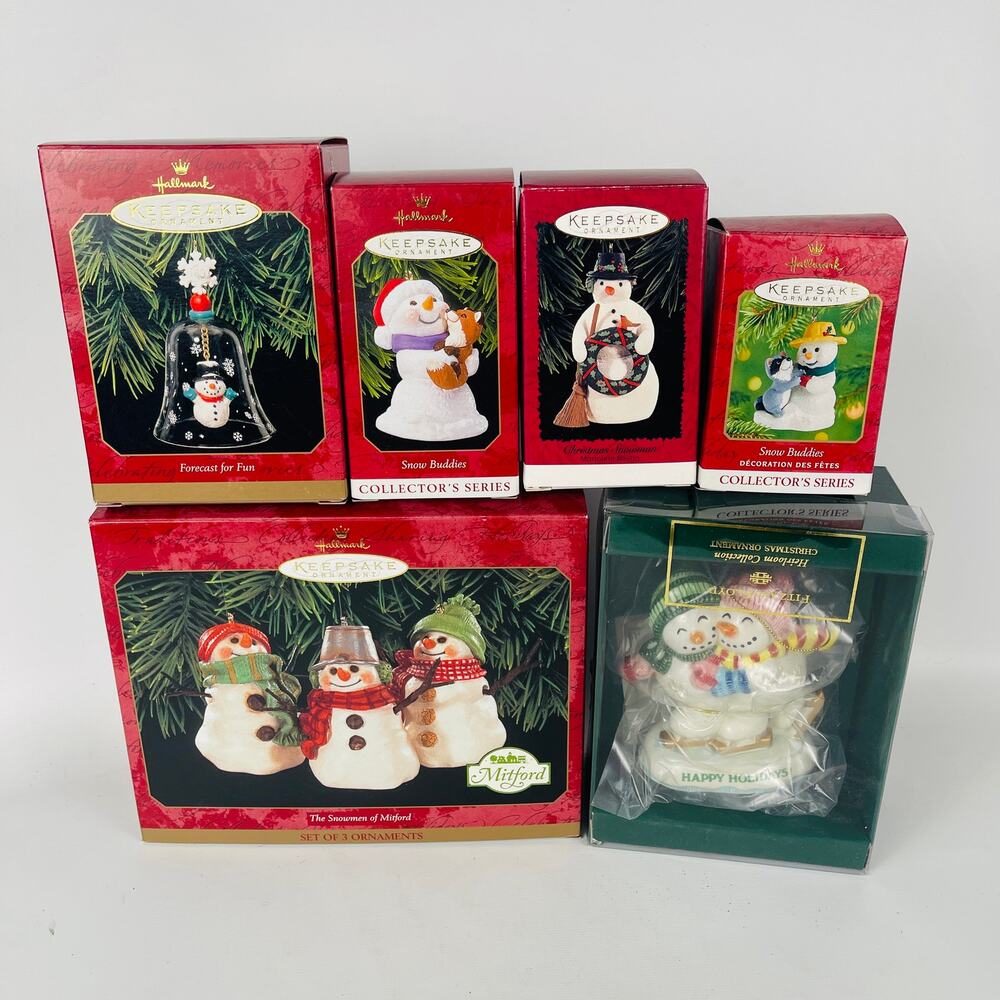 Lot of 6 Snowmen Ornaments: Hallmark and 1 Fitz and Floyd